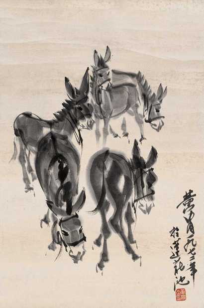 黄胄 1972年作 五驴图 立轴